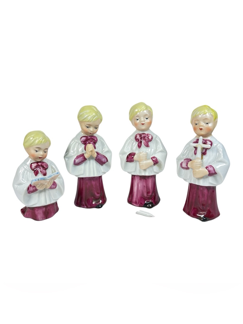 Vintage Napco Christmas Altar Choir Boy Set Porcelain Figurine Japan Red Robes